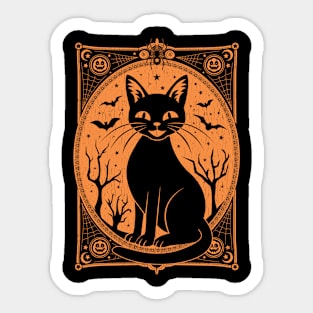 Retro Style Black Halloween Cat with Ornate Frame Sticker